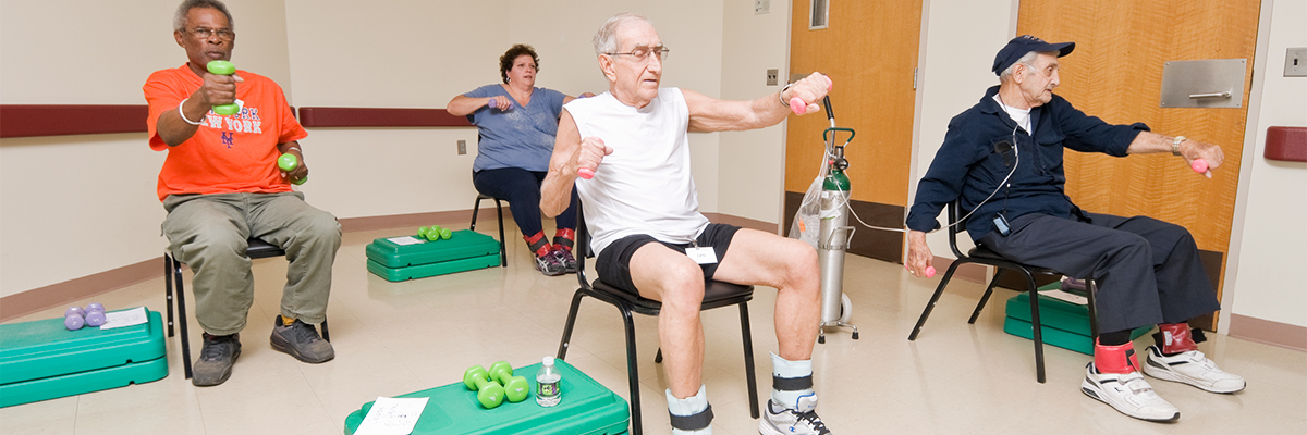 Patients participating in pulmonary rehabilitation with hand and ankle weights