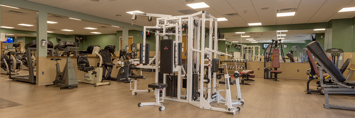 Weight machines and cardio machines in the Wellness Center in Helen Hayes Hospital