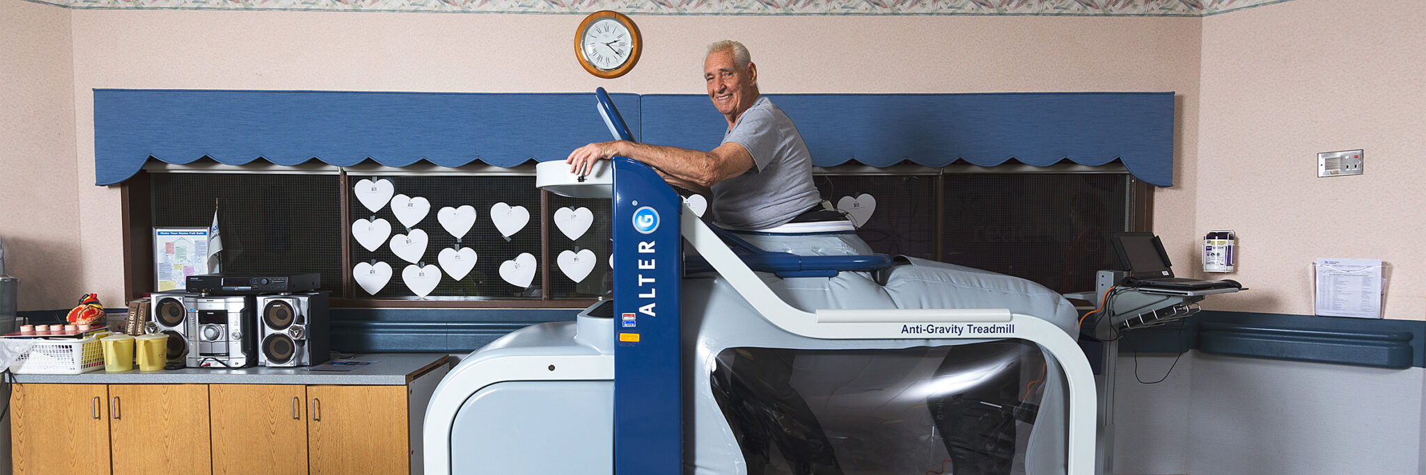 Patient participating in cardiopulmonary rehabilitation exercise on anti-gravity treadmill