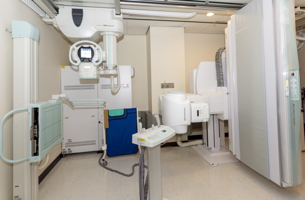 Shimadzu Sonialvision G4 radiology machine at Helen Hayes Hospital with table tilted vertically