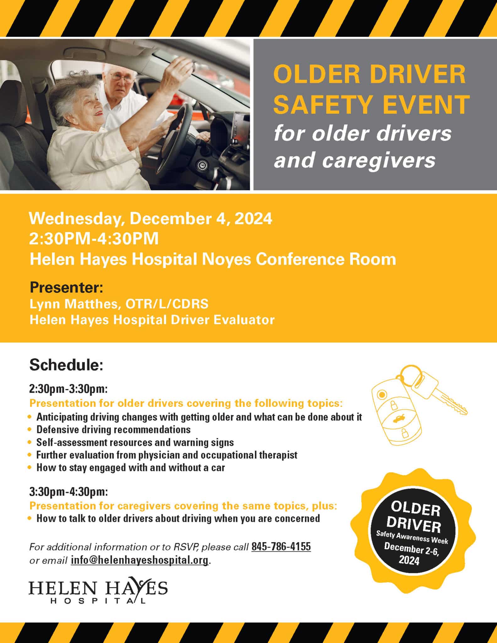 Flyer for Older Driver Safety event which contains the same information as written in the event post. Features a picture of an older female driver in a car with an older male standing outside the car next to her.